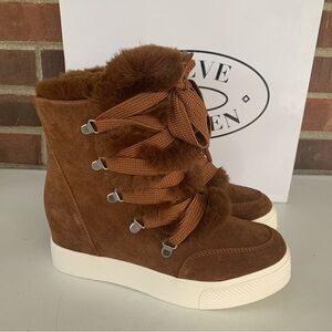Steve Madden Wharton Chestnut Suede Fur Lace-up Wedge Booties women's US 7.5 M